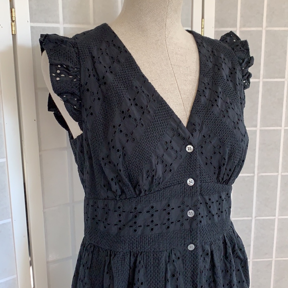 J Crew Black Cotton Eyelet Button Midi Dress Sz 10